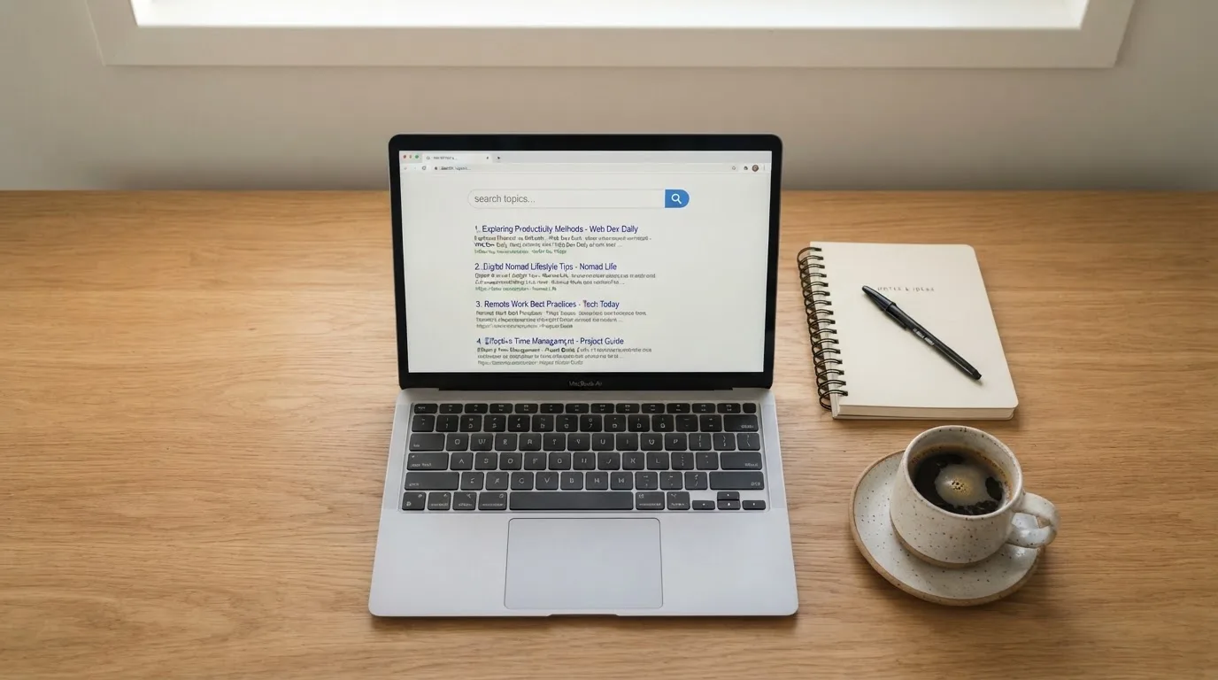 A tidy desk with a laptop open on a plain search-results page, a notebook and a coffee cup beside it, no screens showing any casino branding.