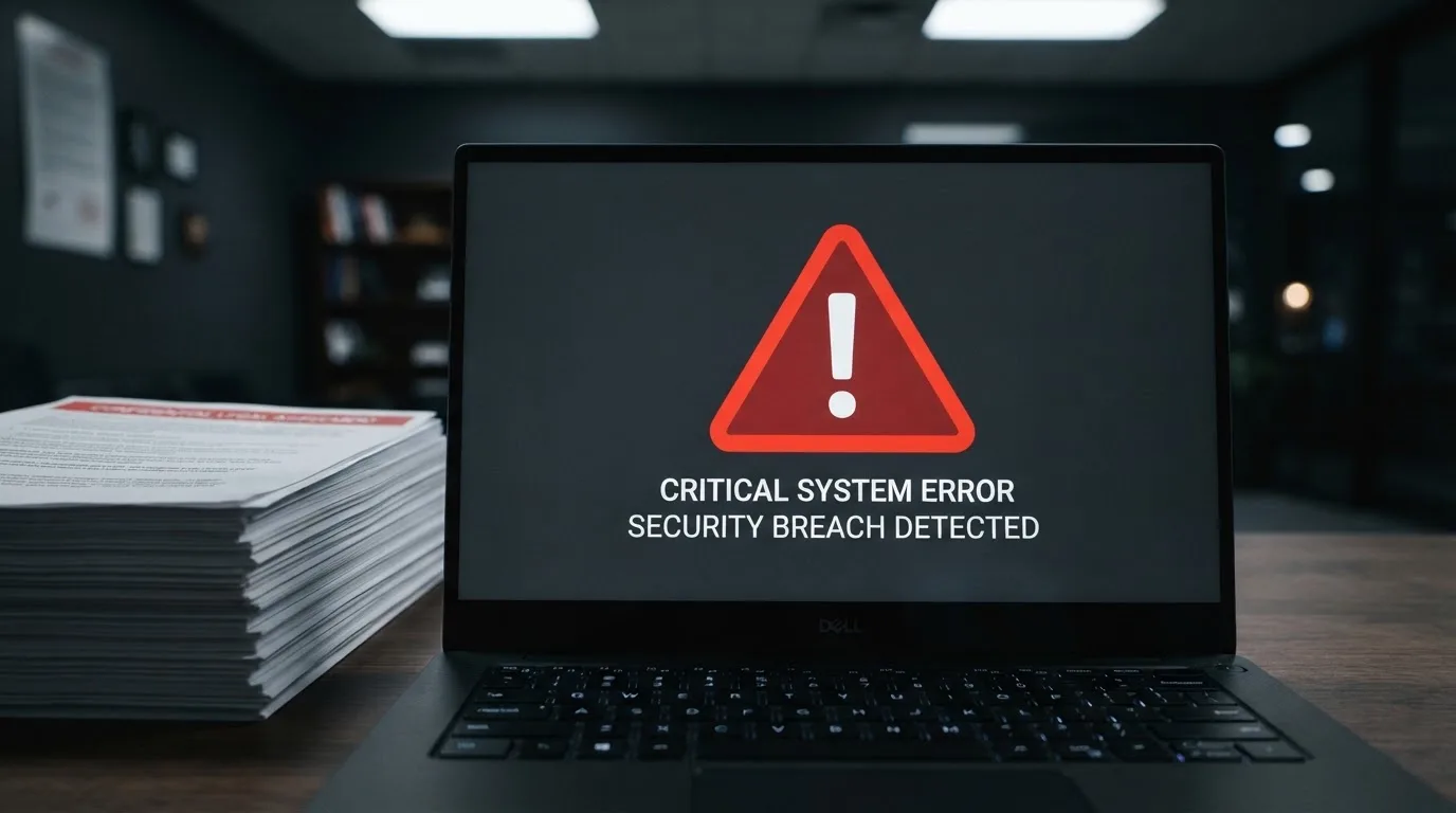 A red triangular warning sign icon on a laptop screen next to a stack of legal papers, symbolising an official caution rather than any specific website.