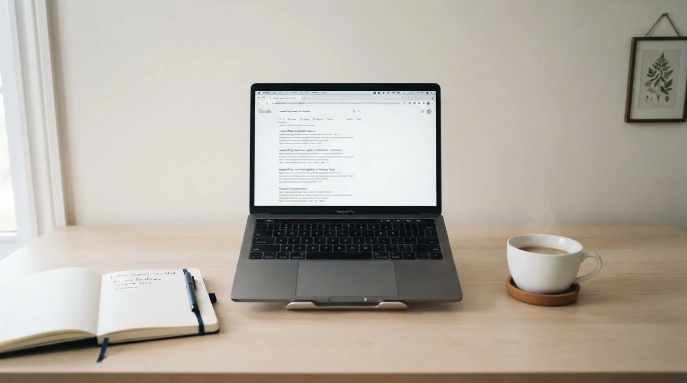 A tidy desk with a laptop open on a plain search-results page, a notebook and a coffee cup beside it, no screens showing any casino branding.
