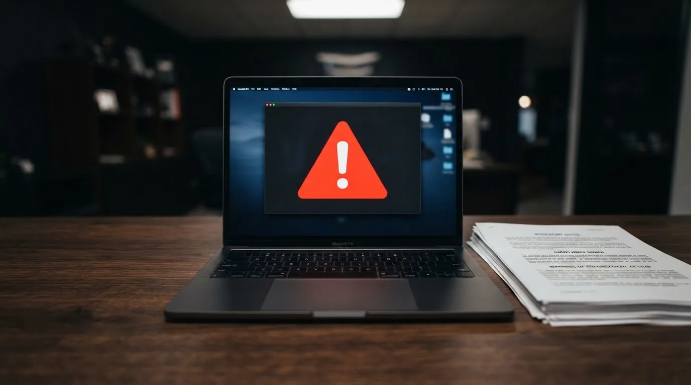A red triangular warning sign icon on a laptop screen next to a stack of legal papers, symbolising an official caution rather than any specific website.