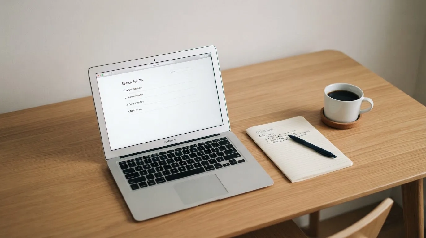 A tidy desk with a laptop open on a plain search-results page, a notebook and a coffee cup beside it, no screens showing any casino branding.