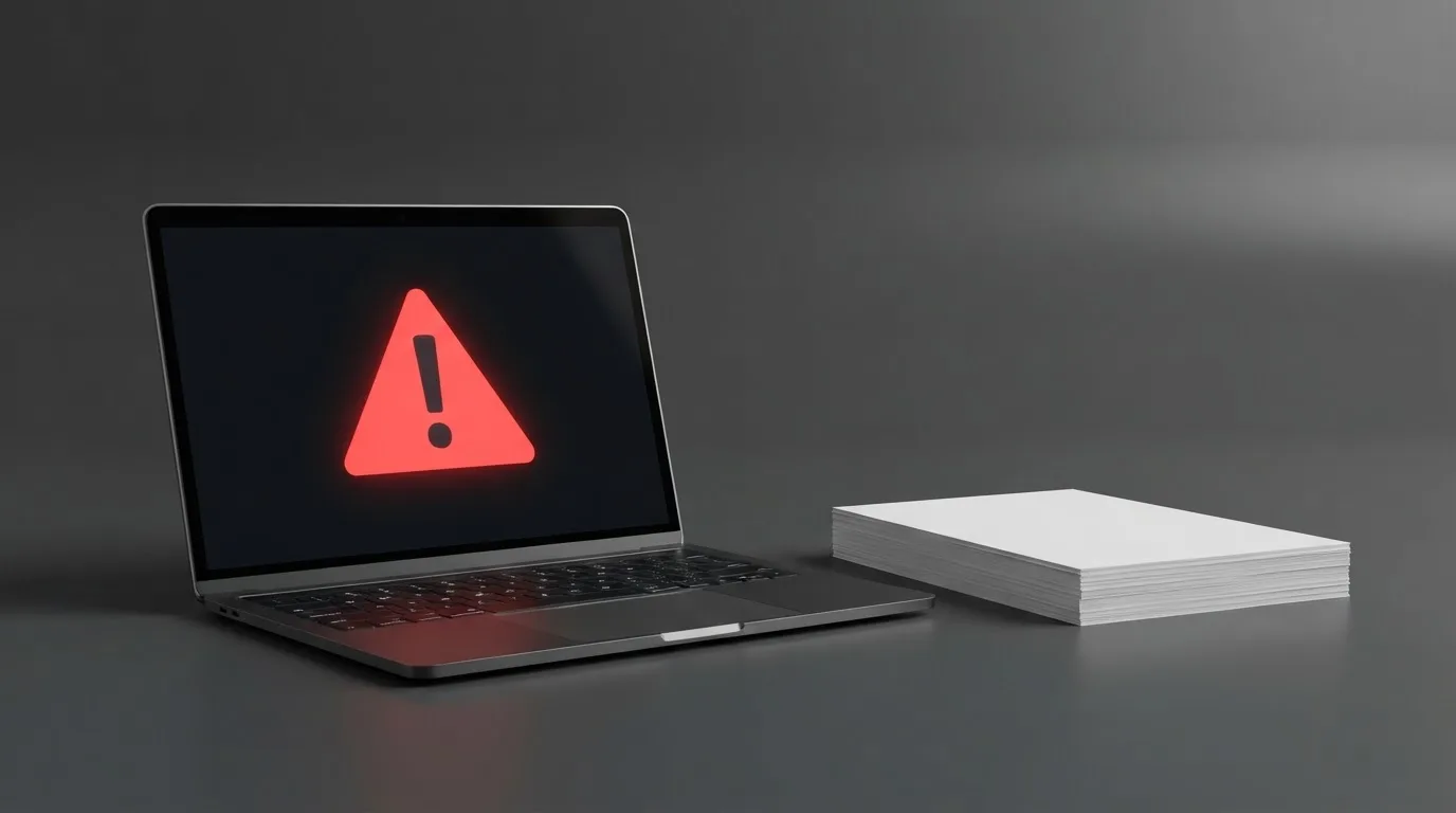 A red triangular warning sign icon on a laptop screen next to a stack of legal papers, symbolising an official caution rather than any specific website.