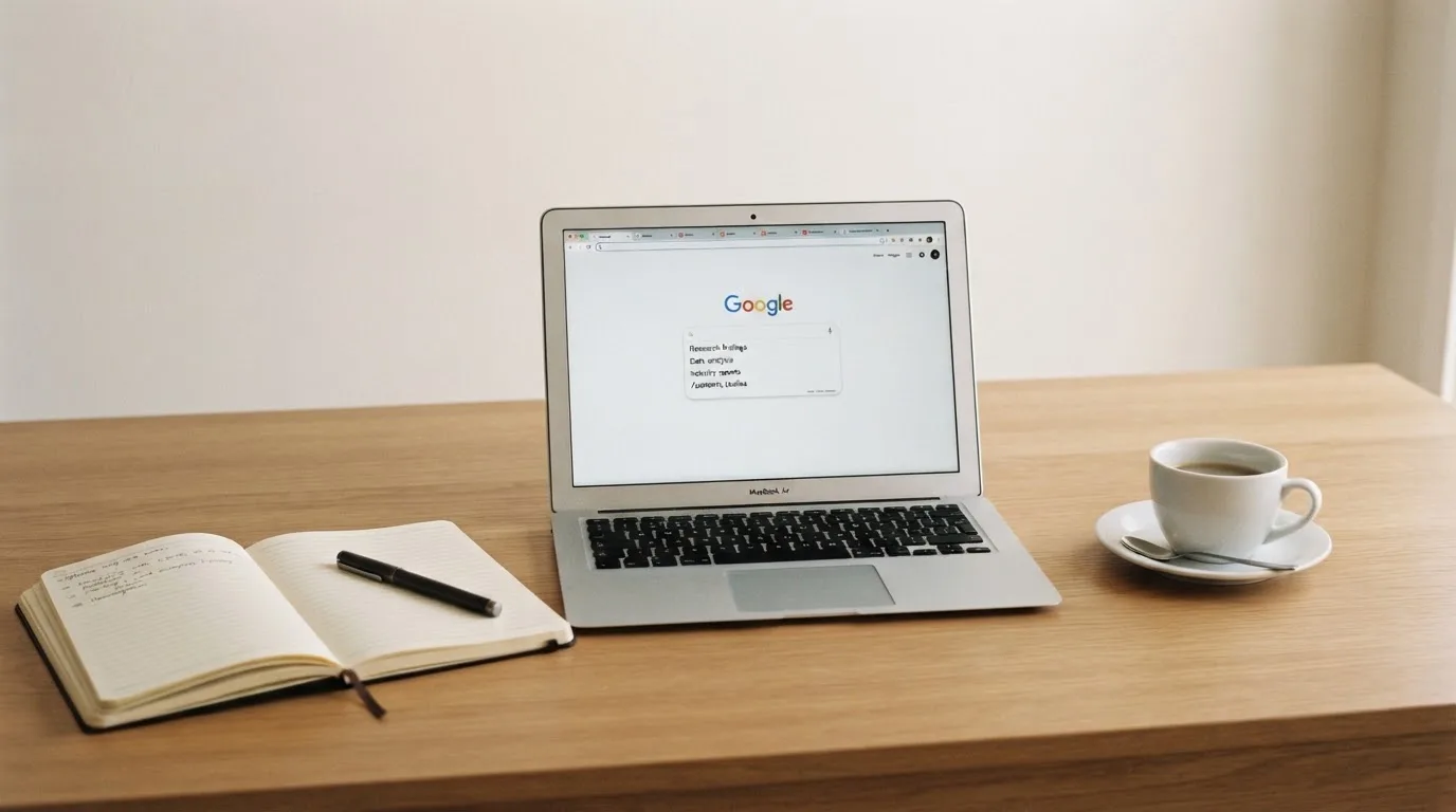 A tidy desk with a laptop open on a plain search-results page, a notebook and a coffee cup beside it, no screens showing any casino branding.