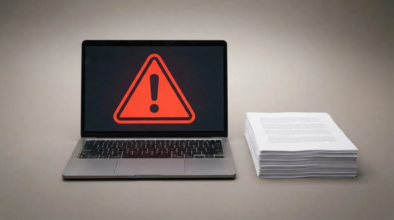 A red triangular warning sign icon on a laptop screen next to a stack of legal papers, symbolising an official caution rather than any specific website.