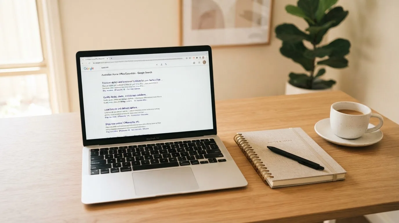 A tidy desk with a laptop open on a plain search-results page, a notebook and a coffee cup beside it, no screens showing any casino branding.