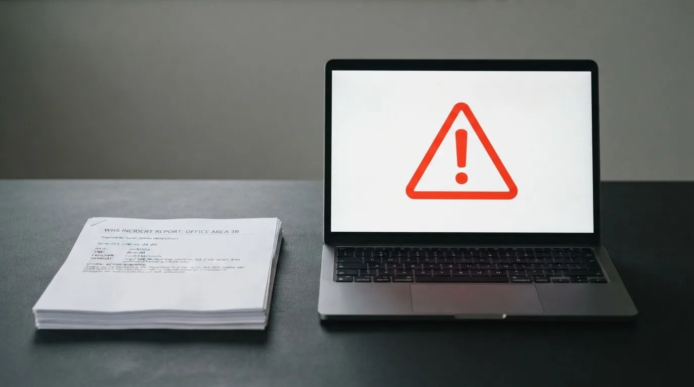 A red triangular warning sign icon on a laptop screen next to a stack of legal papers, symbolising an official caution rather than any specific website.