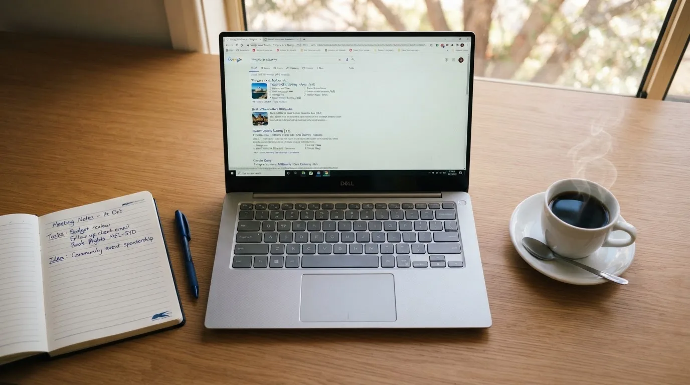 A tidy desk with a laptop open on a plain search-results page, a notebook and a coffee cup beside it, no screens showing any casino branding.