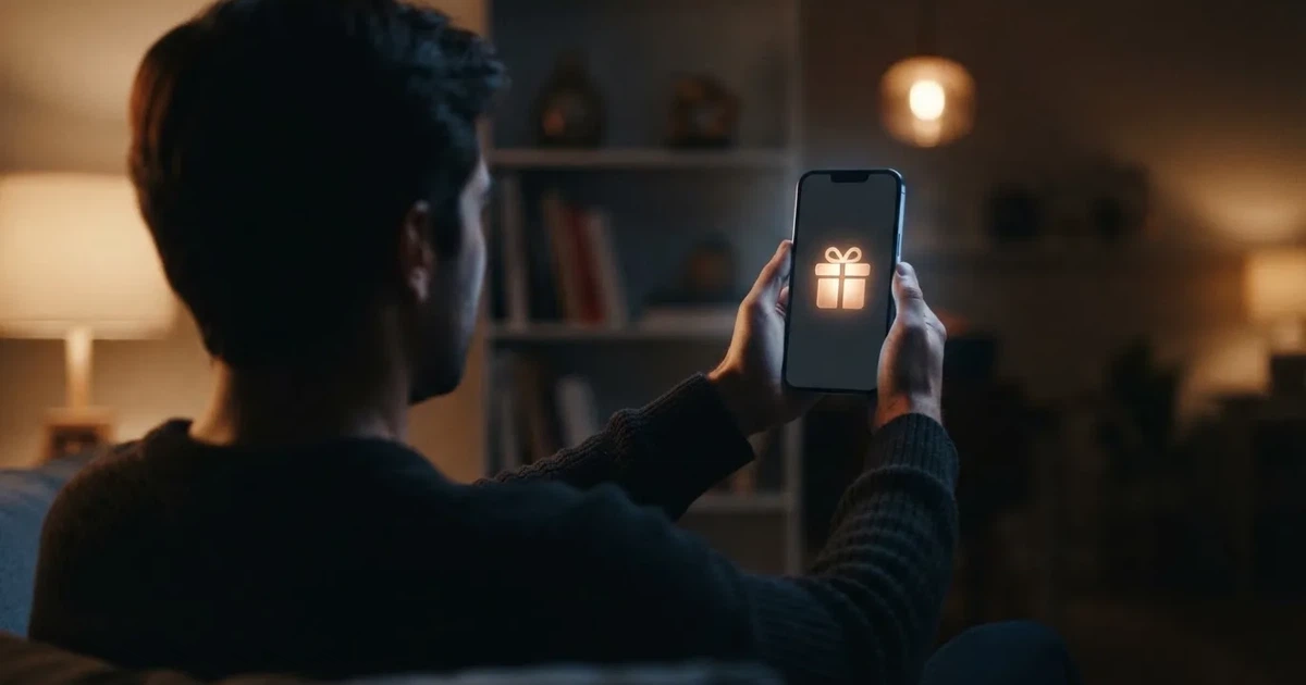 A gift box icon glowing on a phone screen, held at arm's length, suggesting an unopened offer rather than an active game.