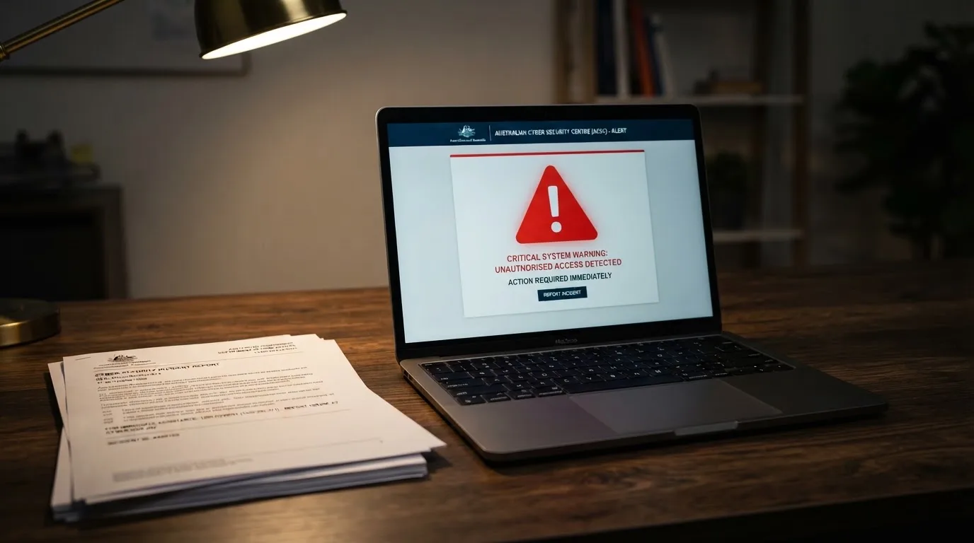 A red triangular warning sign icon on a laptop screen next to a stack of legal papers, symbolising an official caution rather than any specific website.