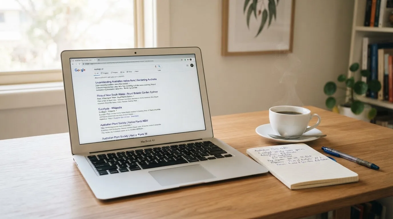 A tidy desk with a laptop open on a plain search-results page, a notebook and a coffee cup beside it, no screens showing any casino branding.