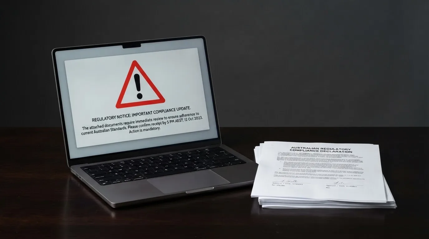 A red triangular warning sign icon on a laptop screen next to a stack of legal papers, symbolising an official caution rather than any specific website.
