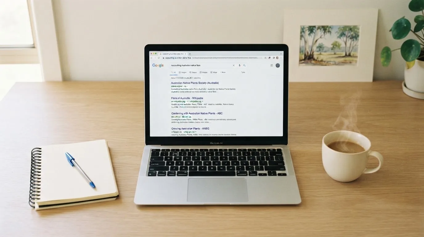 A tidy desk with a laptop open on a plain search-results page, a notebook and a coffee cup beside it, no screens showing any casino branding.