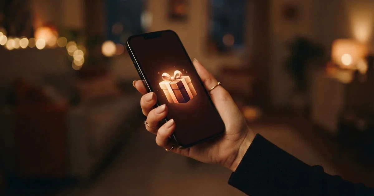 A gift box icon glowing on a phone screen, held at arm's length, suggesting an unopened offer rather than an active game.