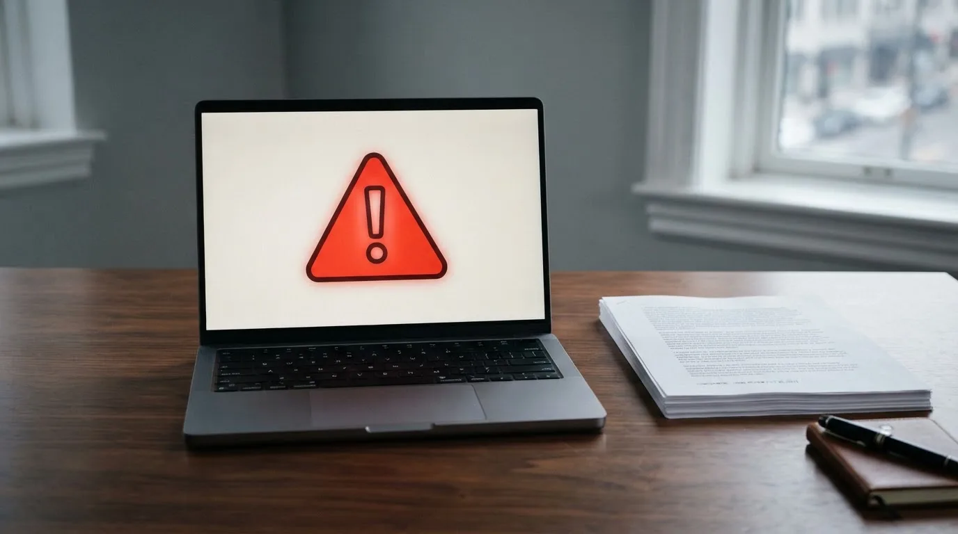 A red triangular warning sign icon on a laptop screen next to a stack of legal papers, symbolising an official caution rather than any specific website.