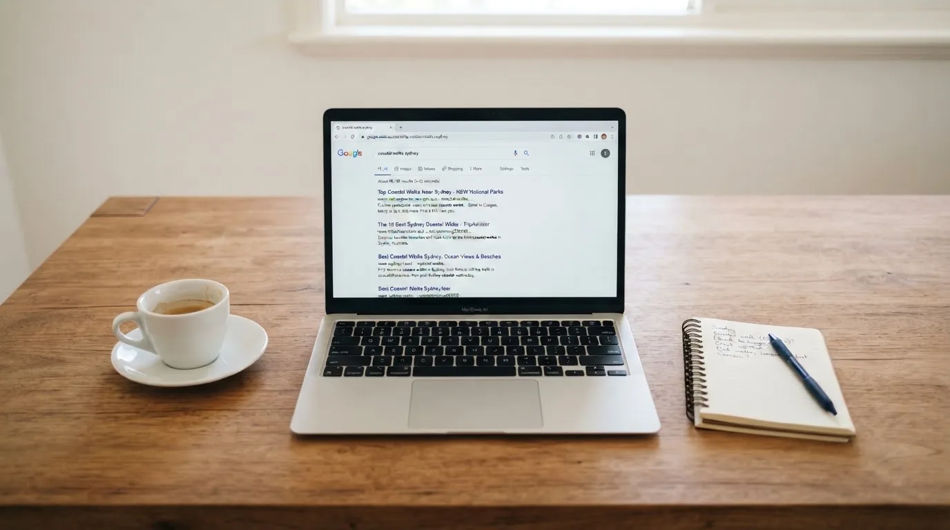 A tidy desk with a laptop open on a plain search-results page, a notebook and a coffee cup beside it, no screens showing any casino branding.