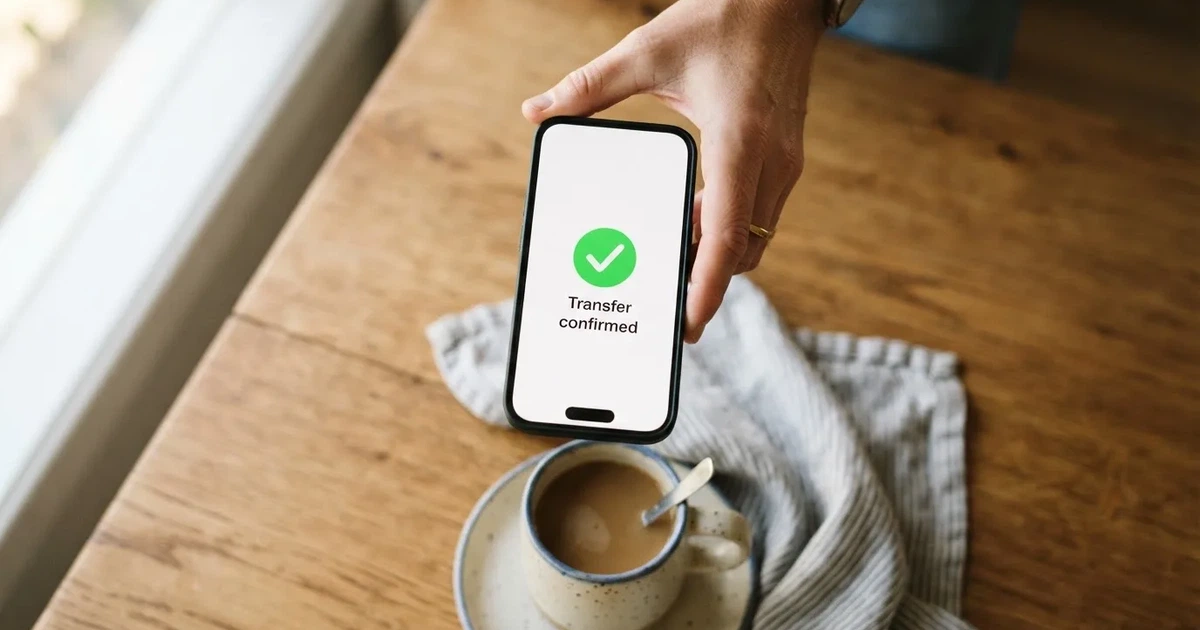 A smartphone screen showing a generic bank-transfer confirmation tick, held over a kitchen table.