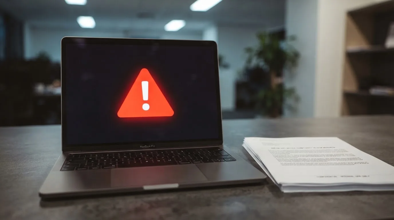 A red triangular warning sign icon on a laptop screen next to a stack of legal papers, symbolising an official caution rather than any specific website.