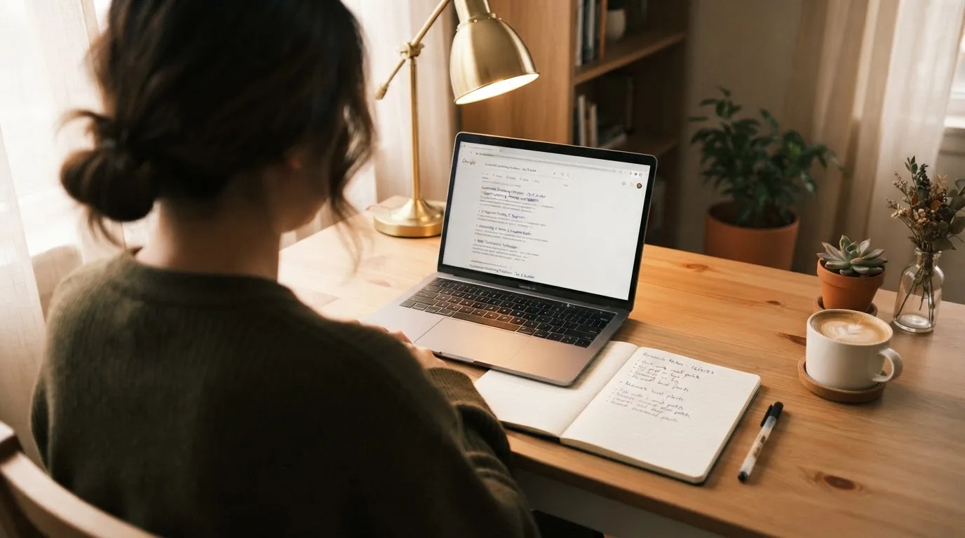 A tidy desk with a laptop open on a plain search-results page, a notebook and a coffee cup beside it, no screens showing any casino branding.
