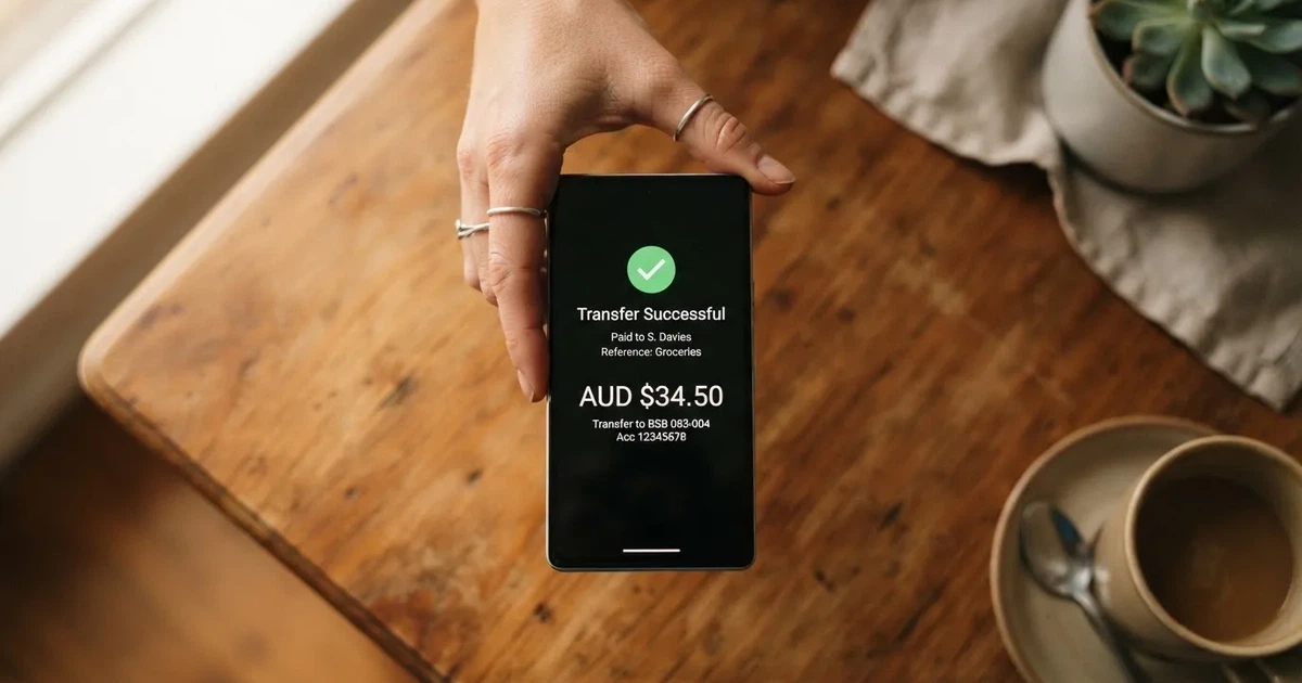 A smartphone screen showing a generic bank-transfer confirmation tick, held over a kitchen table.