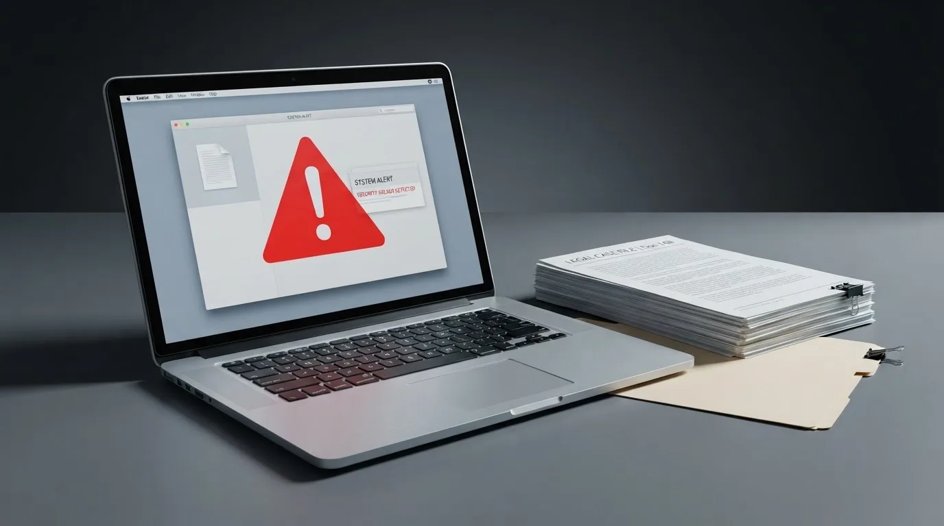 A red triangular warning sign icon on a laptop screen next to a stack of legal papers, symbolising an official caution rather than any specific website.