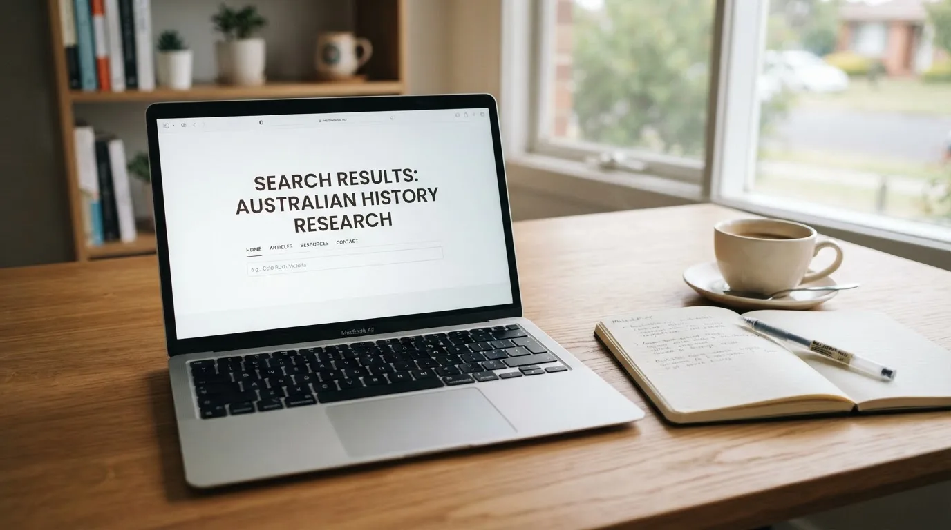 A tidy desk with a laptop open on a plain search-results page, a notebook and a coffee cup beside it, no screens showing any casino branding.