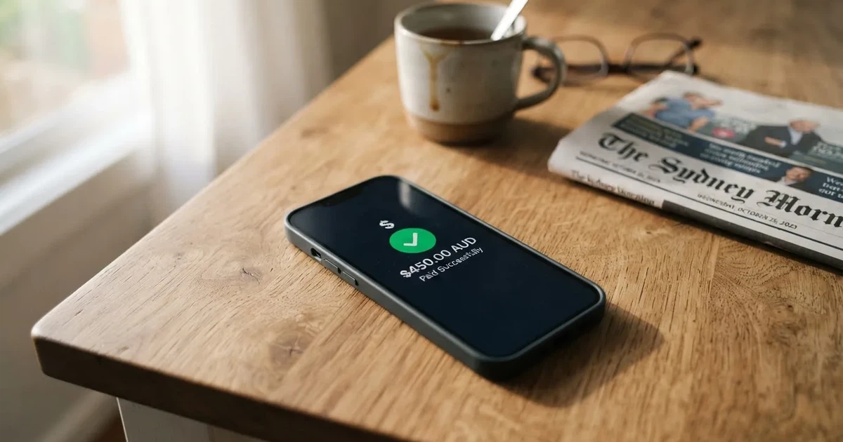 A smartphone screen showing a generic bank-transfer confirmation tick, held over a kitchen table.