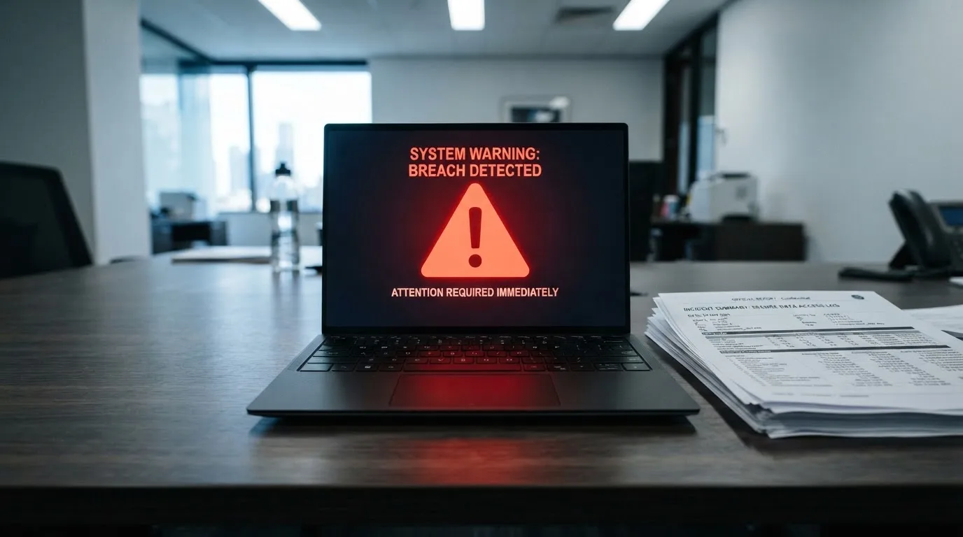 A red triangular warning sign icon on a laptop screen next to a stack of legal papers, symbolising an official caution rather than any specific website.