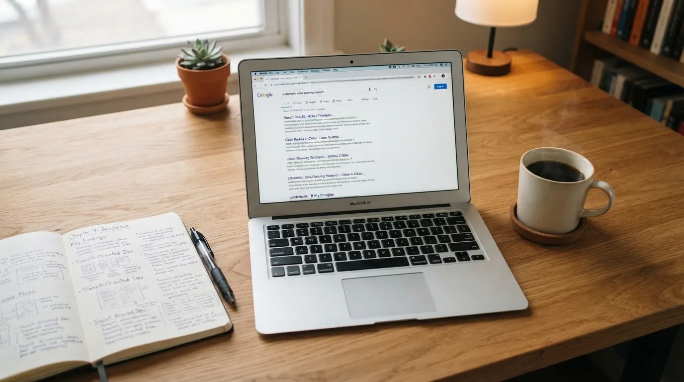 A tidy desk with a laptop open on a plain search-results page, a notebook and a coffee cup beside it, no screens showing any casino branding.