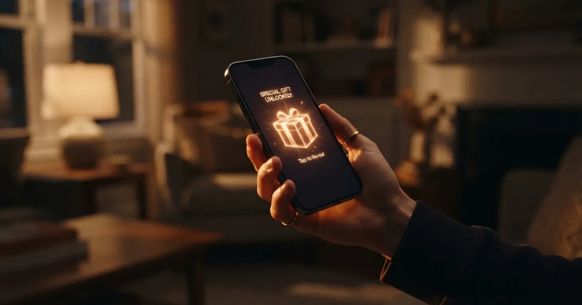 A gift box icon glowing on a phone screen, held at arm's length, suggesting an unopened offer rather than an active game.