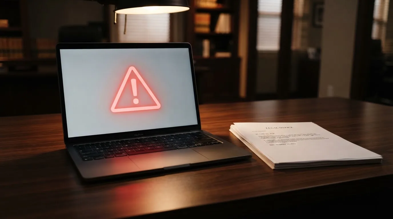 A red triangular warning sign icon on a laptop screen next to a stack of legal papers, symbolising an official caution rather than any specific website.