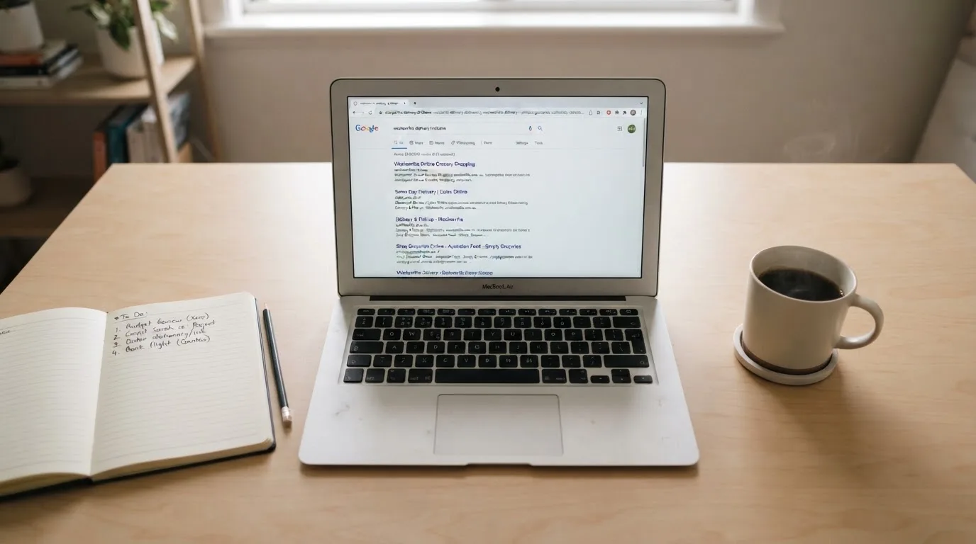 A tidy desk with a laptop open on a plain search-results page, a notebook and a coffee cup beside it, no screens showing any casino branding.