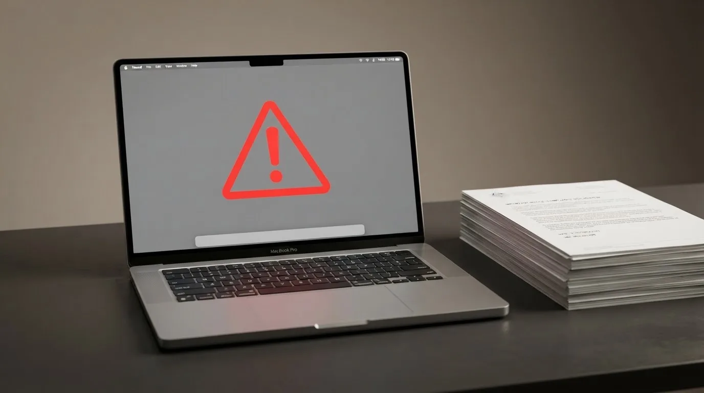 A red triangular warning sign icon on a laptop screen next to a stack of legal papers, symbolising an official caution rather than any specific website.