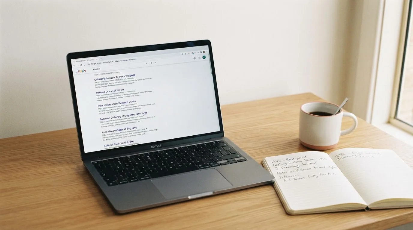 A tidy desk with a laptop open on a plain search-results page, a notebook and a coffee cup beside it, no screens showing any casino branding.
