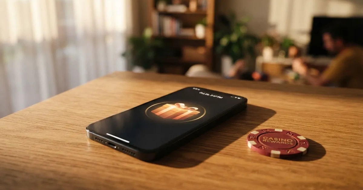 A gift box icon glowing on a phone screen, held at arm's length, suggesting an unopened offer rather than an active game.