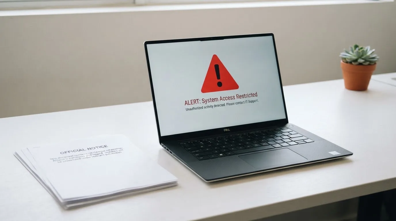 A red triangular warning sign icon on a laptop screen next to a stack of legal papers, symbolising an official caution rather than any specific website.