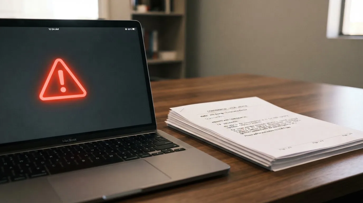 A red triangular warning sign icon on a laptop screen next to a stack of legal papers, symbolising an official caution rather than any specific website.