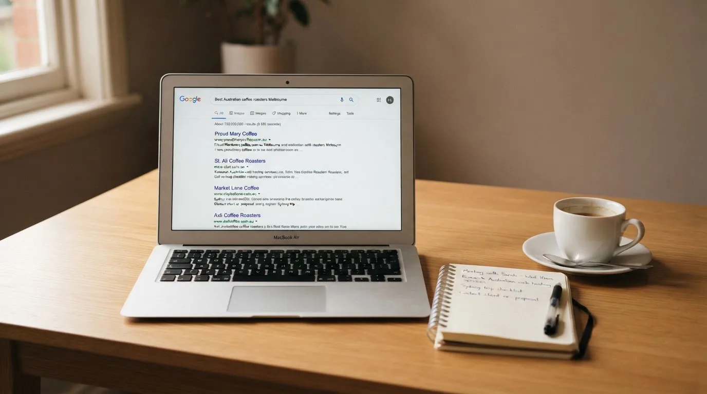 A tidy desk with a laptop open on a plain search-results page, a notebook and a coffee cup beside it, no screens showing any casino branding.