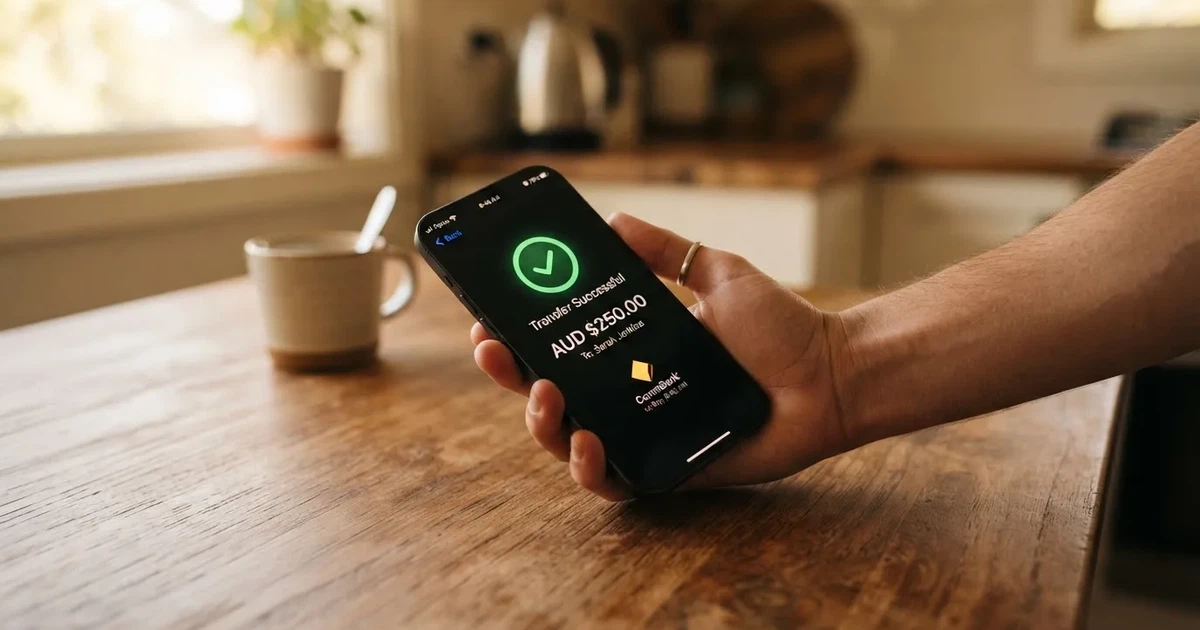 A smartphone screen showing a generic bank-transfer confirmation tick, held over a kitchen table.