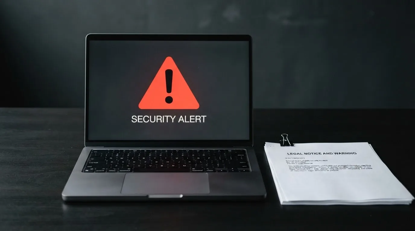 A red triangular warning sign icon on a laptop screen next to a stack of legal papers, symbolising an official caution rather than any specific website.
