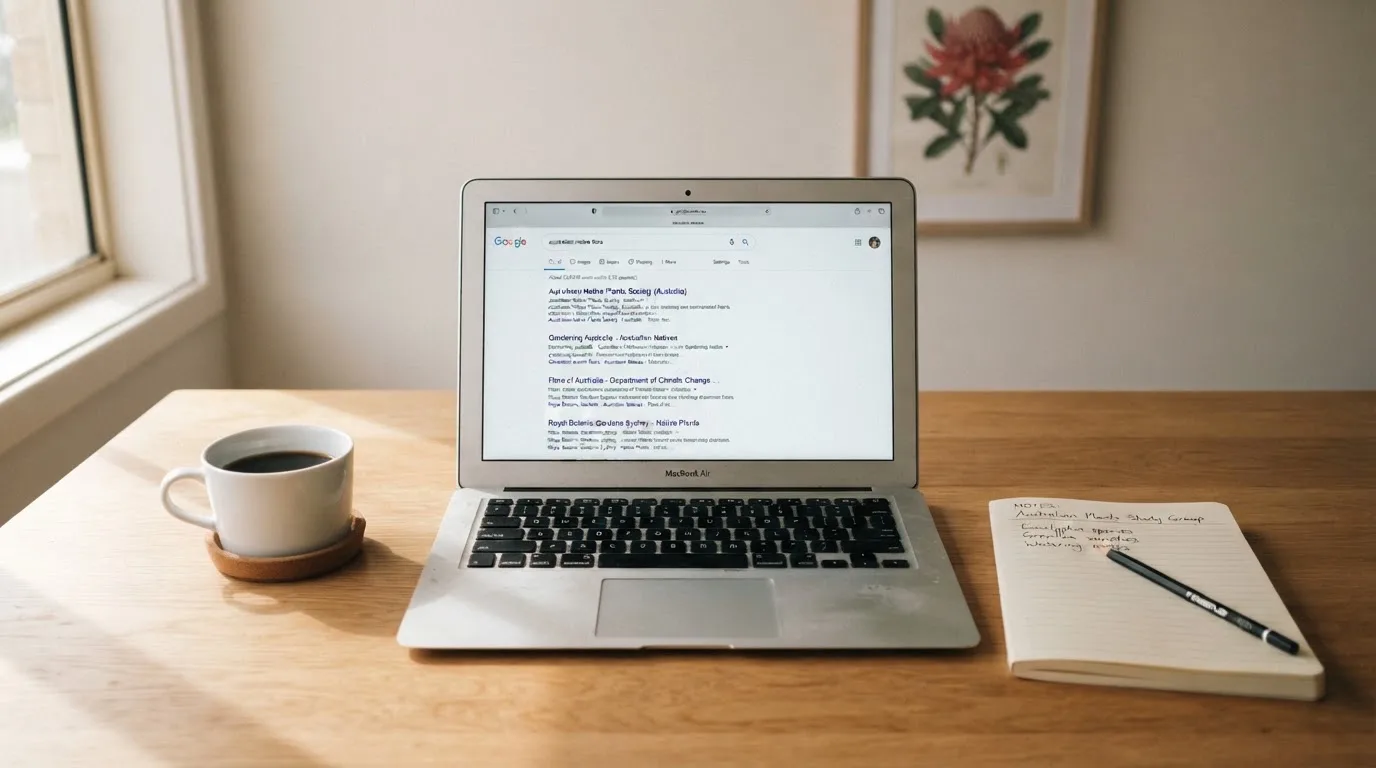A tidy desk with a laptop open on a plain search-results page, a notebook and a coffee cup beside it, no screens showing any casino branding.