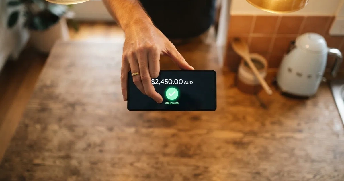 A smartphone screen showing a generic bank-transfer confirmation tick, held over a kitchen table.