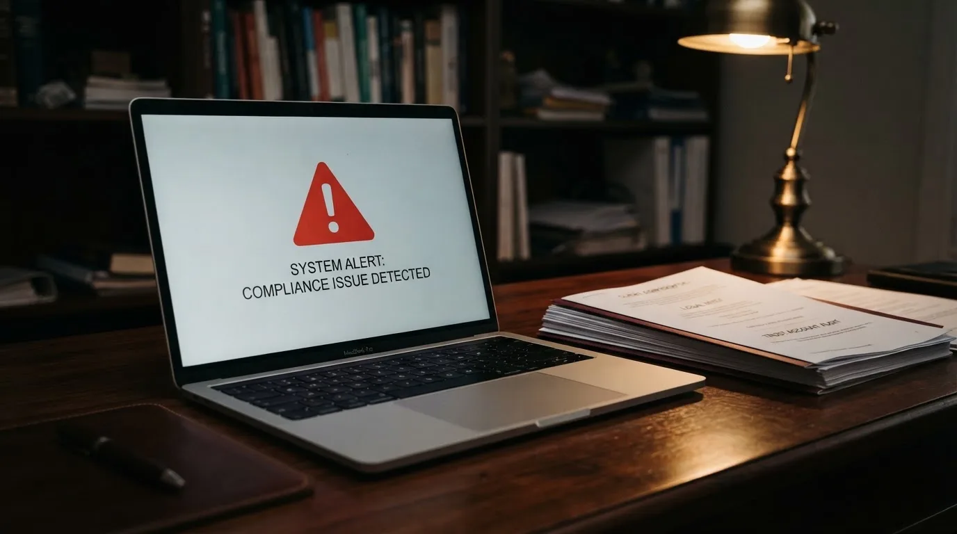 A red triangular warning sign icon on a laptop screen next to a stack of legal papers, symbolising an official caution rather than any specific website.