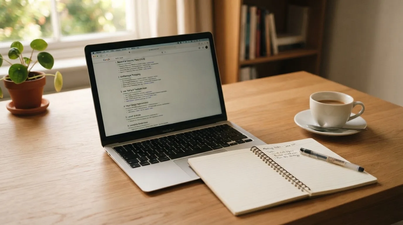 A tidy desk with a laptop open on a plain search-results page, a notebook and a coffee cup beside it, no screens showing any casino branding.