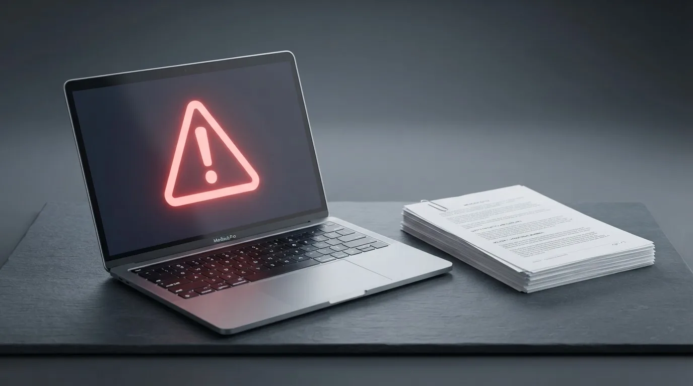 A red triangular warning sign icon on a laptop screen next to a stack of legal papers, symbolising an official caution rather than any specific website.