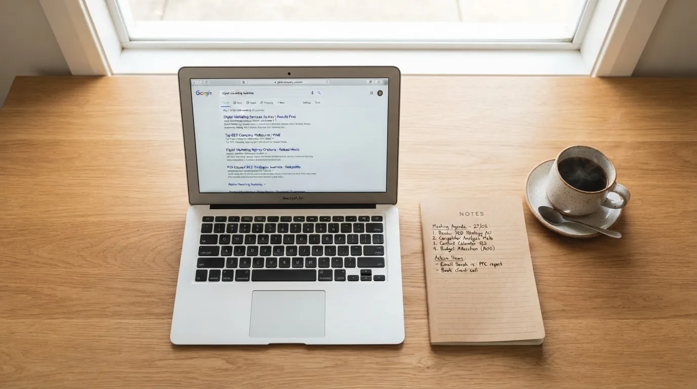 A tidy desk with a laptop open on a plain search-results page, a notebook and a coffee cup beside it, no screens showing any casino branding.