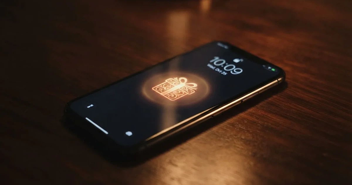 A gift box icon glowing on a phone screen, held at arm's length, suggesting an unopened offer rather than an active game.