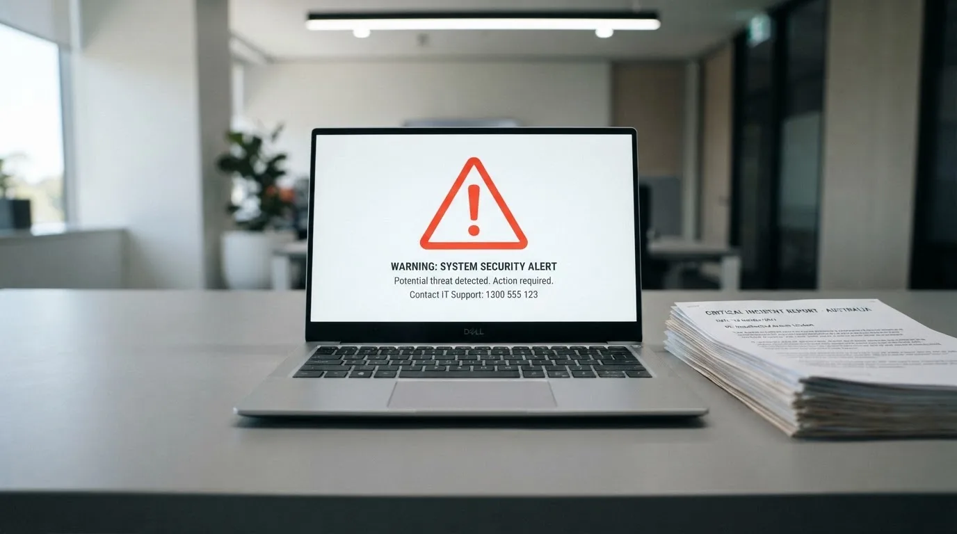 A red triangular warning sign icon on a laptop screen next to a stack of legal papers, symbolising an official caution rather than any specific website.