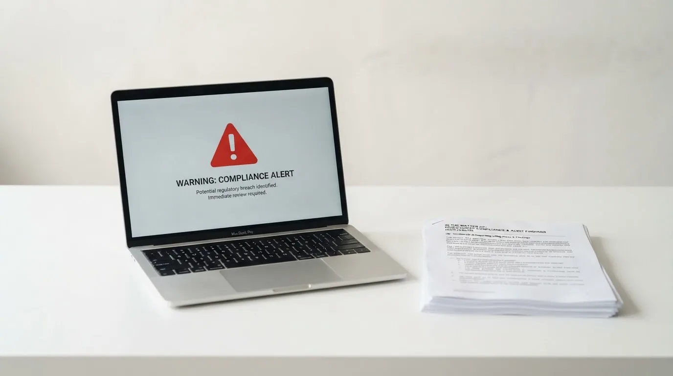 A red triangular warning sign icon on a laptop screen next to a stack of legal papers, symbolising an official caution rather than any specific website.
