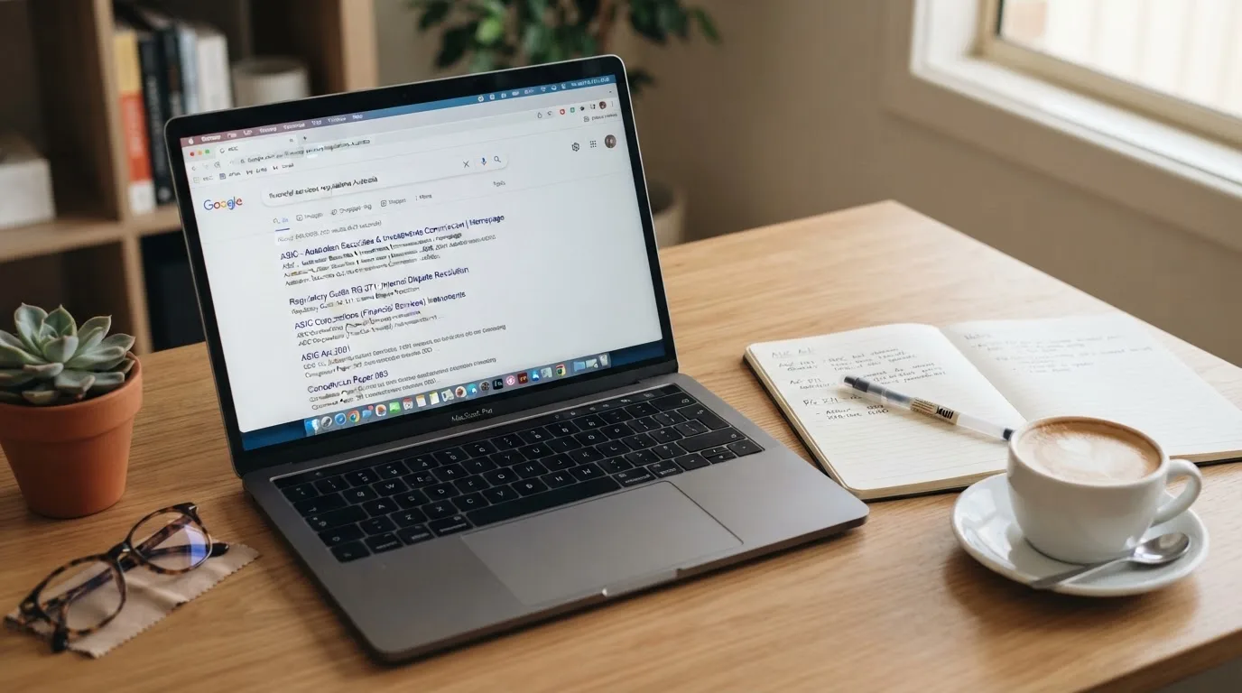 A tidy desk with a laptop open on a plain search-results page, a notebook and a coffee cup beside it, no screens showing any casino branding.