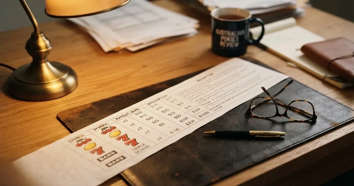 A printed strip of generic slot symbols and payout numbers laid on a desk, like a reference chart rather than a live game.